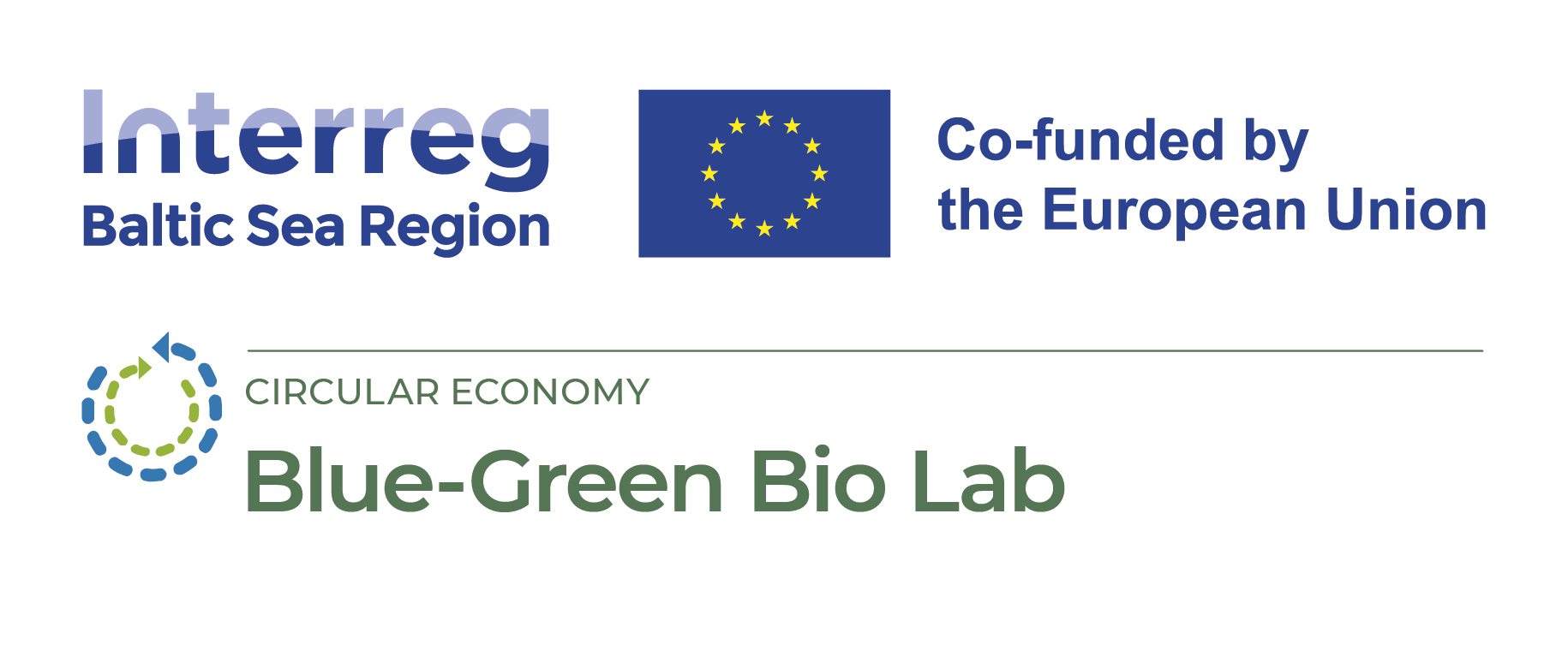 Logo for projektet "Blue-Green BioLab - across the Baltic Sea Region" samt EU's Interreg-programlogo for Østersøen.